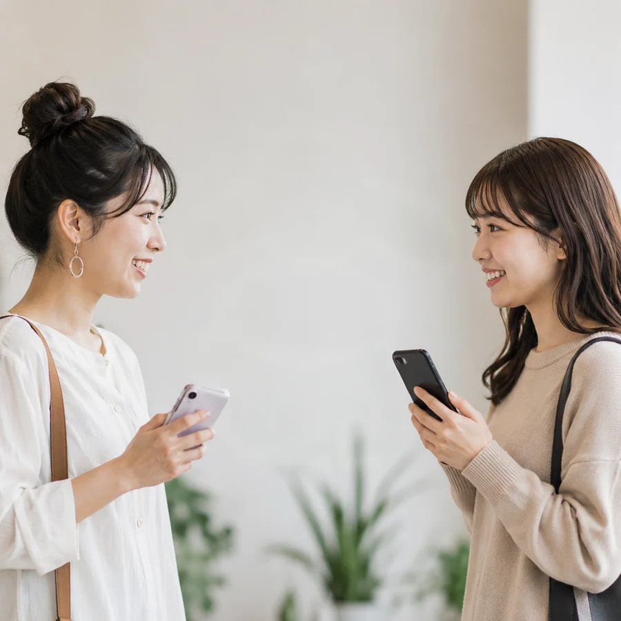 紹介リンクをスマホで送り合う2人