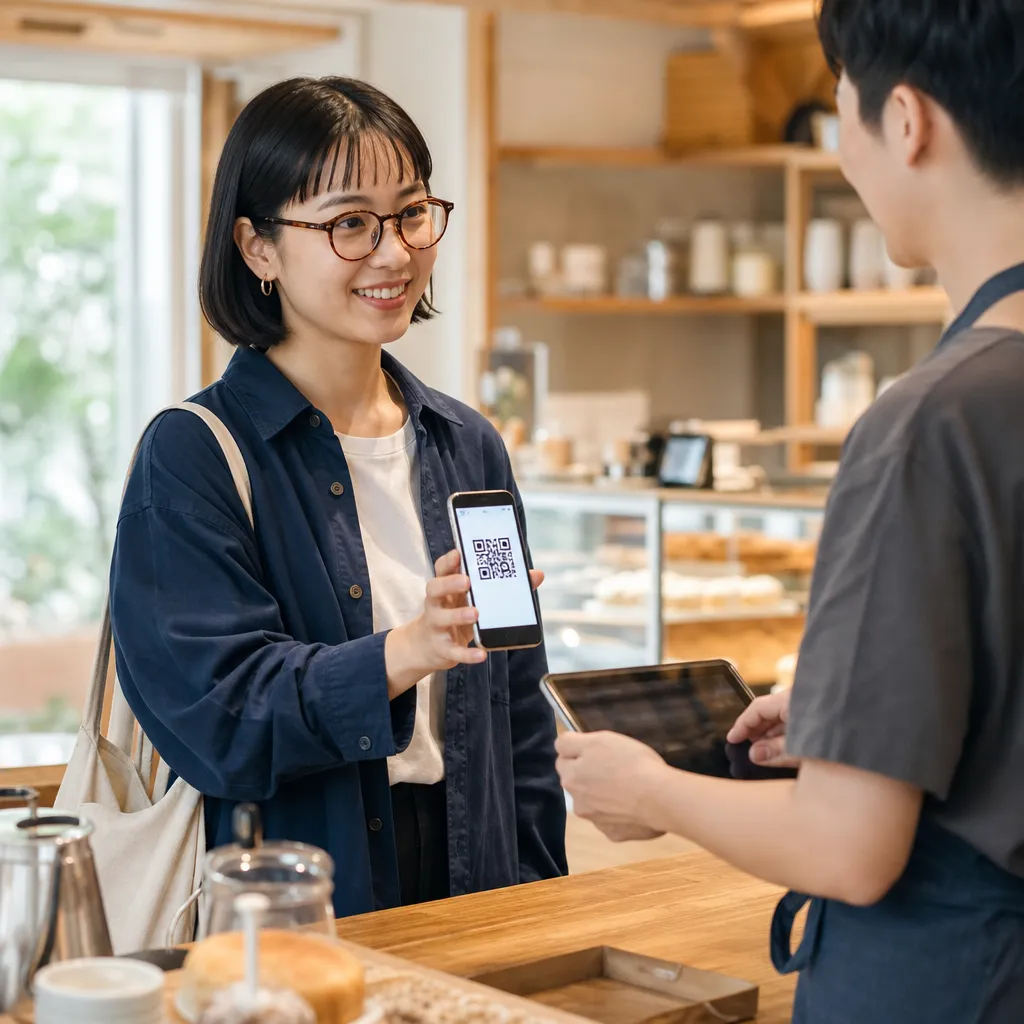紹介された友達が来店しQRスキャンするシーン