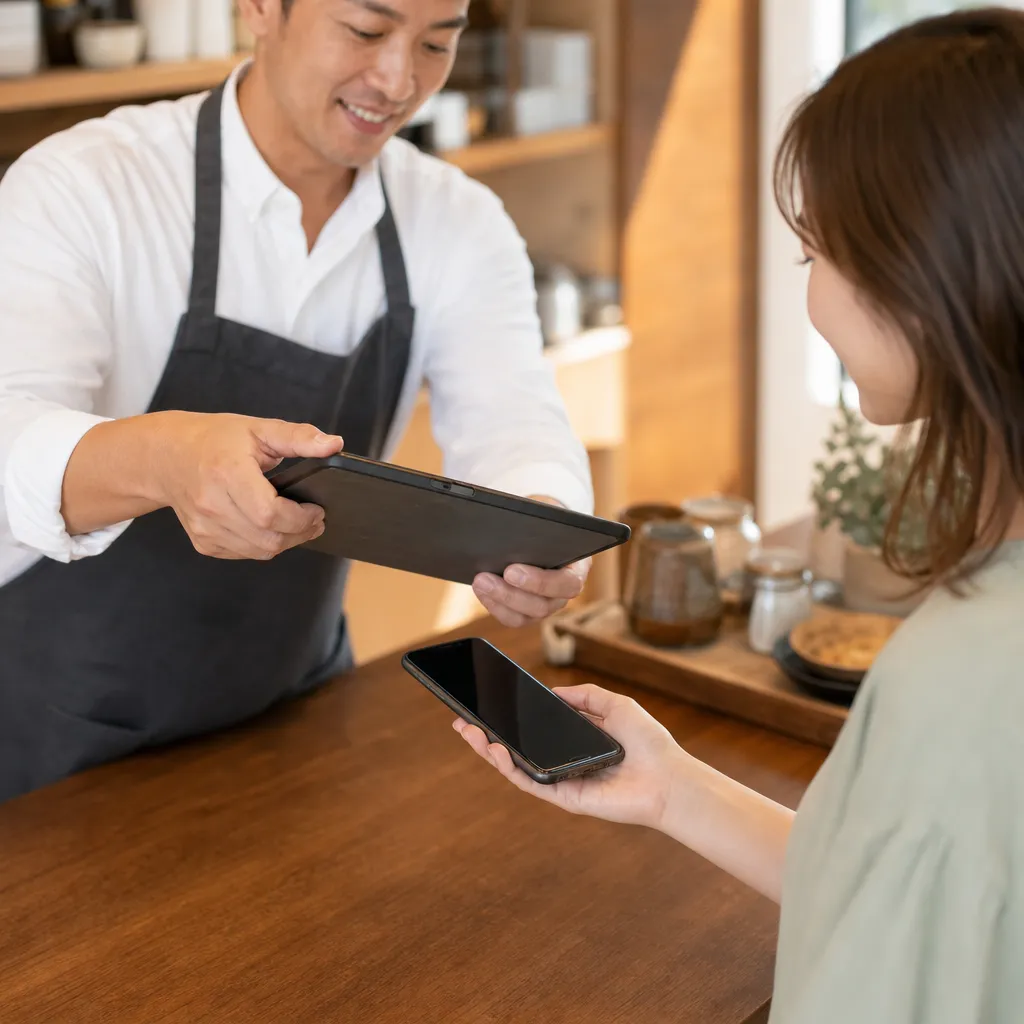 店主がタブレットでお客様のスマホのQRを読み取るシーン