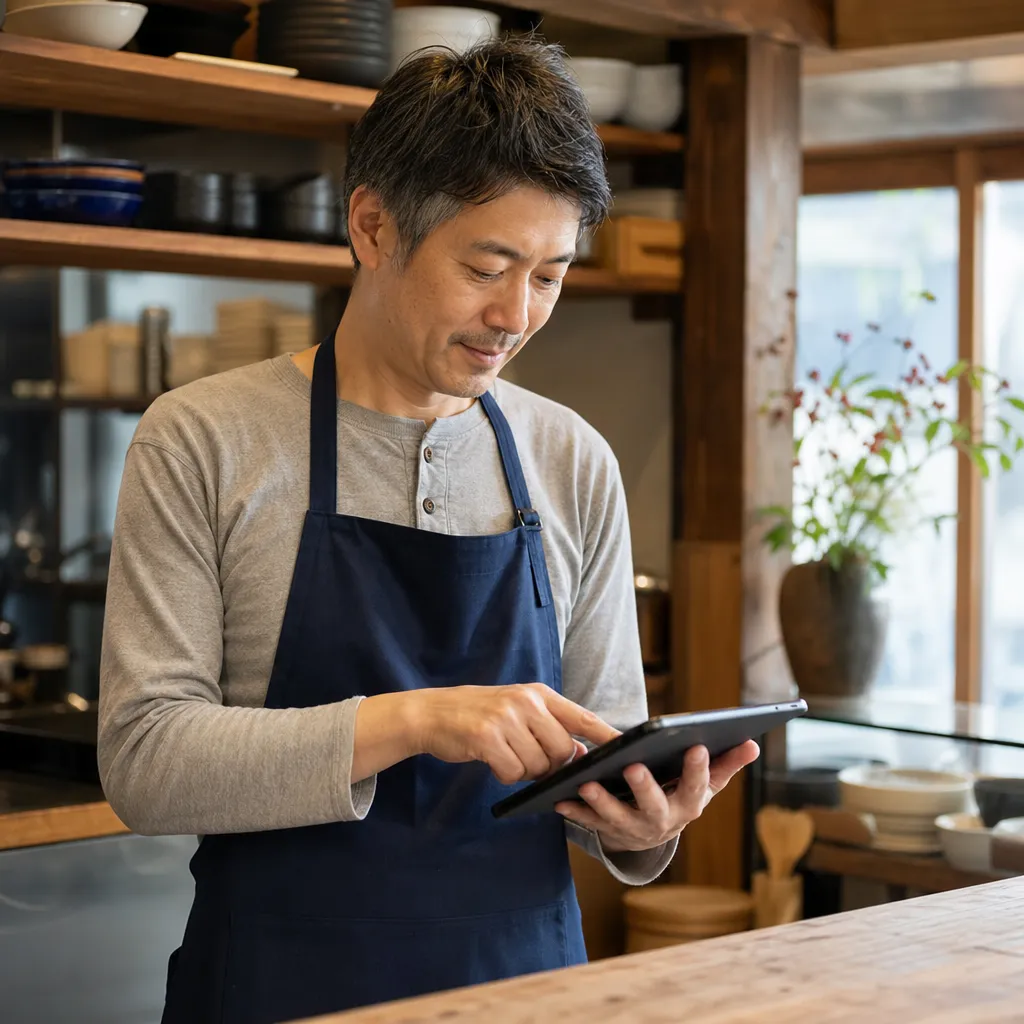 店主がタブレットでQRを発行するシーン